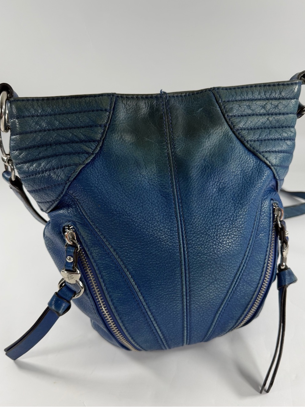 B Makowsky Blue Leather Moto Crossbody Bag Y2K Distressed Zip Shoulder Purse